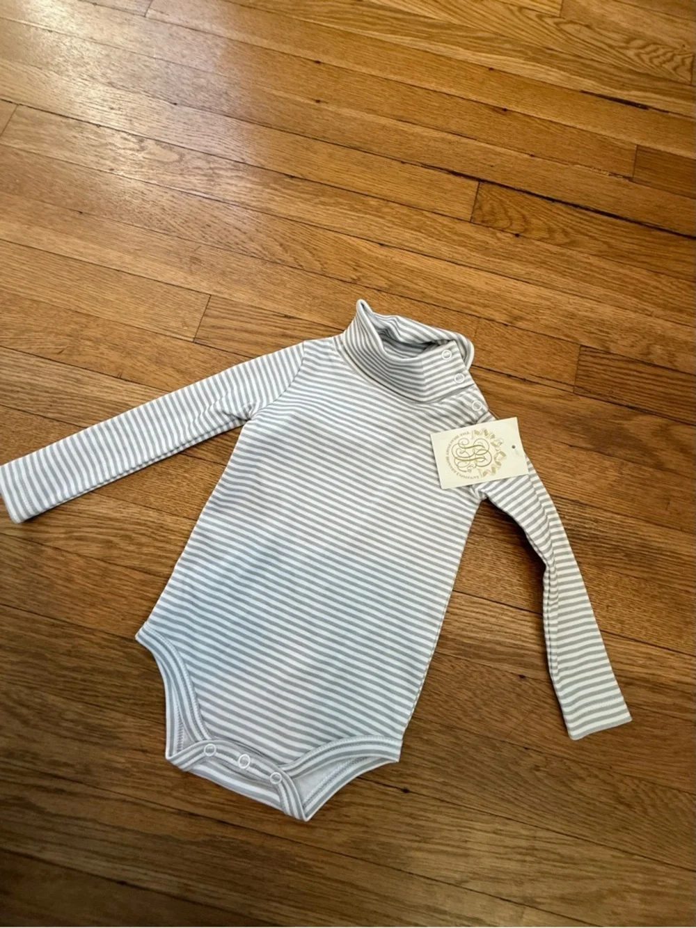 The Beaufort Bonnet Co Tatum's Turtleneck Onesie Grantley Gray Stripe NWT 6-12